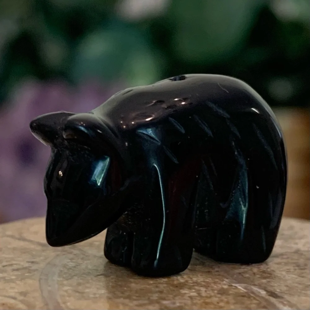 Vintage Carved Obsidian Black Bear Fetish Pendant Bead Detailed Drilled Mini .9